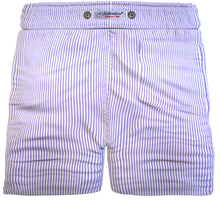 Carica l'immagine nel visualizzatore di Gallery, Bermuda Rigato Lilla Pantaloncino Box Mare puro Cotone titolo 120 pregiato Shorts 2 tasche laterali Made in Italy