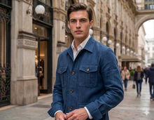 Carica l'immagine nel visualizzatore di Gallery, Giacca in Lino Sahariana Overshirt Safari blu 4 tasche gabardina 100% lino Made in Italy