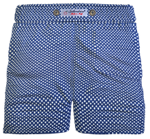 Carica l&#39;immagine nel visualizzatore di Gallery, Shorts Bermuda Pantaloncino puro cotone fantasia Pois blu Shorts 2 tasche laterali Made in Italy

