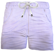 Carica l'immagine nel visualizzatore di Gallery, Bermuda Rigato Lilla Pantaloncino Box Mare puro Cotone titolo 120 pregiato Shorts 2 tasche laterali Made in Italy
