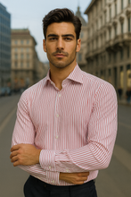 Carica l'immagine nel visualizzatore di Gallery, Camicia Rigata bacchettino rosso bordeuax alta qualità titolo 100 righino rosso puro cotone Made in Italy