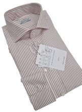 Carica l'immagine nel visualizzatore di Gallery, Camicia Rigata bacchettino rosso bordeuax alta qualità titolo 100 righino rosso puro cotone Made in Italy