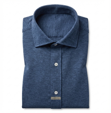 Load image into Gallery viewer, Camicia Polo blu in maglia jersey no Stiro, fresco filato traspirante in tessuto tecnico performance anallergico anti alone alta qualità colletto morbido Made in Italy