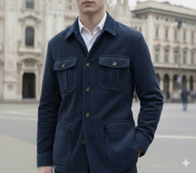 Carica l'immagine nel visualizzatore di Gallery, Giacca Sahariana Field Jacket velluto blu 4 tasche Overshirt 100% cotone Made in Italy