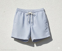Load image into Gallery viewer, Bermuda cotone lino azzurro rigato Pantaloncino fantasia 100% Cotone Lino rigato azzurro Made in Italy Fantasia Shorts 2 tasche laterali