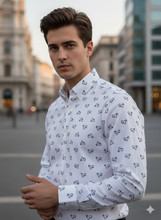 Load image into Gallery viewer, Camicia Uomo fantasia Vespa blu su fondo bianco puro cotone colletto mezzo francese Made in Italy