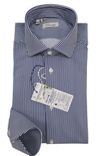 Carica l'immagine nel visualizzatore di Gallery, Camicia No Stiro Rigata No Iron Stretch tessuto fresco anti alone Rigato azzurro Performance Made in Italy