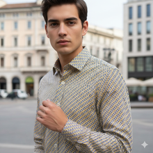 Carica l'immagine nel visualizzatore di Gallery, Camicia Uomo fantasia giallo blu stampata puro cotone popeline 100% Made in Italy