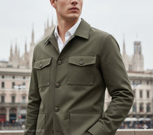 Carica l'immagine nel visualizzatore di Gallery, Giacca Overshirt Field Jacket Gabardina verdone militare 4 tasche gabardina 100% cotone Made in Italy