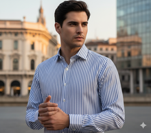 Load image into Gallery viewer, Camicia Uomo a righe azzurra rigato popeline titolo 120 alta qualità elegante puro cotone colletto mezzo francese oxford Made in Italy