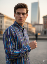 Carica l'immagine nel visualizzatore di Gallery, Camicia Fantasia blu Rigata stampa multicolor Made in Italy