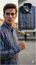 Carica l'immagine nel visualizzatore di Gallery, Camicia Fantasia blu Rigata stampa multicolor Made in Italy