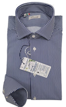 Carica l'immagine nel visualizzatore di Gallery, Camicia No Stiro Rigata No Iron Stretch tessuto fresco anti alone Rigato azzurro Performance Made in Italy