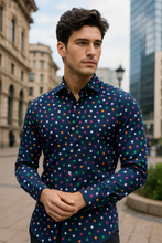 Carica l'immagine nel visualizzatore di Gallery, Camicia cotone stretch blu fantasia pois made in italy