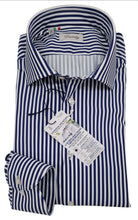 Carica l'immagine nel visualizzatore di Gallery, Camicia No Stiro fasciata Blu Stretch tessuto fresco anti alone Rigato blu Performance Made in Italy
