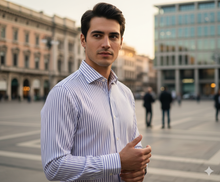 Carica l'immagine nel visualizzatore di Gallery, Camicia Uomo a righe lilla rigato popeline titolo 120 alta qualità elegante puro cotone colletto mezzo francese oxford Made in Italy