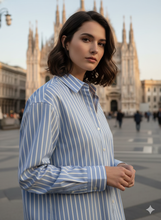 Carica l'immagine nel visualizzatore di Gallery, Camicione Donna fasciato twill fantasia a righe azzurre,tessuto alta qualità Casual Camicione puro Cotone Made in Italy