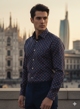 Load image into Gallery viewer, Camicia uomo morbido setoso tessuto blu micro fantasia disegno giallo 100% cotone Made in Italy