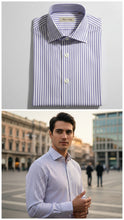 Carica l'immagine nel visualizzatore di Gallery, Camicia Uomo a righe lilla rigato popeline titolo 120 alta qualità elegante puro cotone colletto mezzo francese oxford Made in Italy