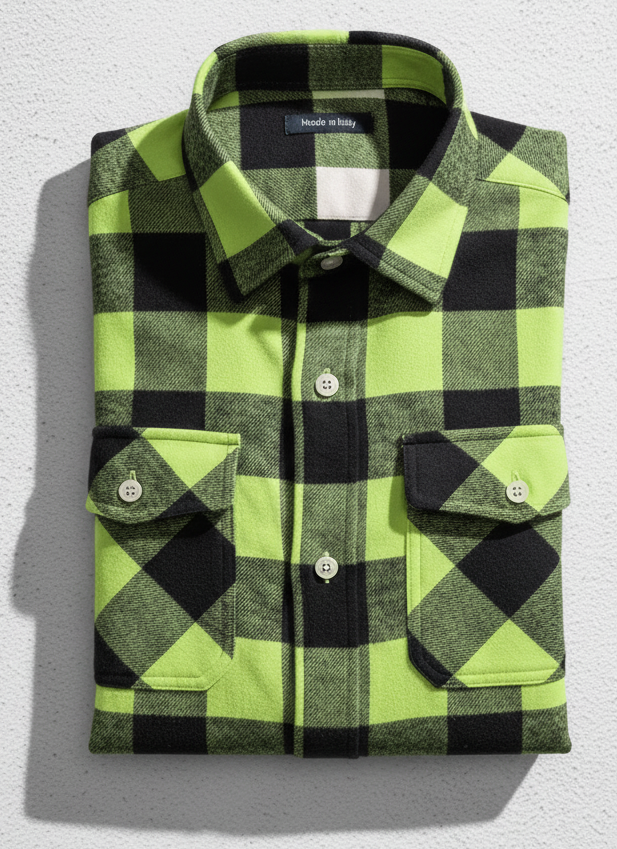 Camicia scozzese flanella quadri verde nero doppie tasche e