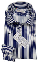 Carica l'immagine nel visualizzatore di Gallery, Camicia No Stiro fasciata Blu Stretch tessuto fresco anti alone Rigato blu Performance Made in Italy