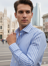 Carica l'immagine nel visualizzatore di Gallery, Camicia Uomo Fasciato azzurro tessuto alta qualità puro cotone titolo 120 twill Made in Italy