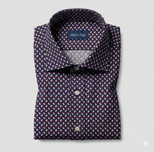 Carica l'immagine nel visualizzatore di Gallery, Camicia Uomo fantasia blu rossa 100% cotone popeline Made in Italy