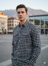 Carica l'immagine nel visualizzatore di Gallery, Camicia a quadri grigio nero doppie tasche e pattine puro cotone Made in Italy