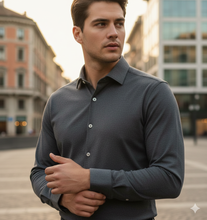 Load image into Gallery viewer, Polo Camicia tessuto tecnico marrone in maglia jersey no Stiro, fresco filato traspirante performante ,anallergico,anti alone alta qualità colletto morbido Made in Italy