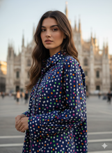 Carica l'immagine nel visualizzatore di Gallery, Camicia Donna Casual blu a pois multicolor Camicione puro Cotone Made in Italy