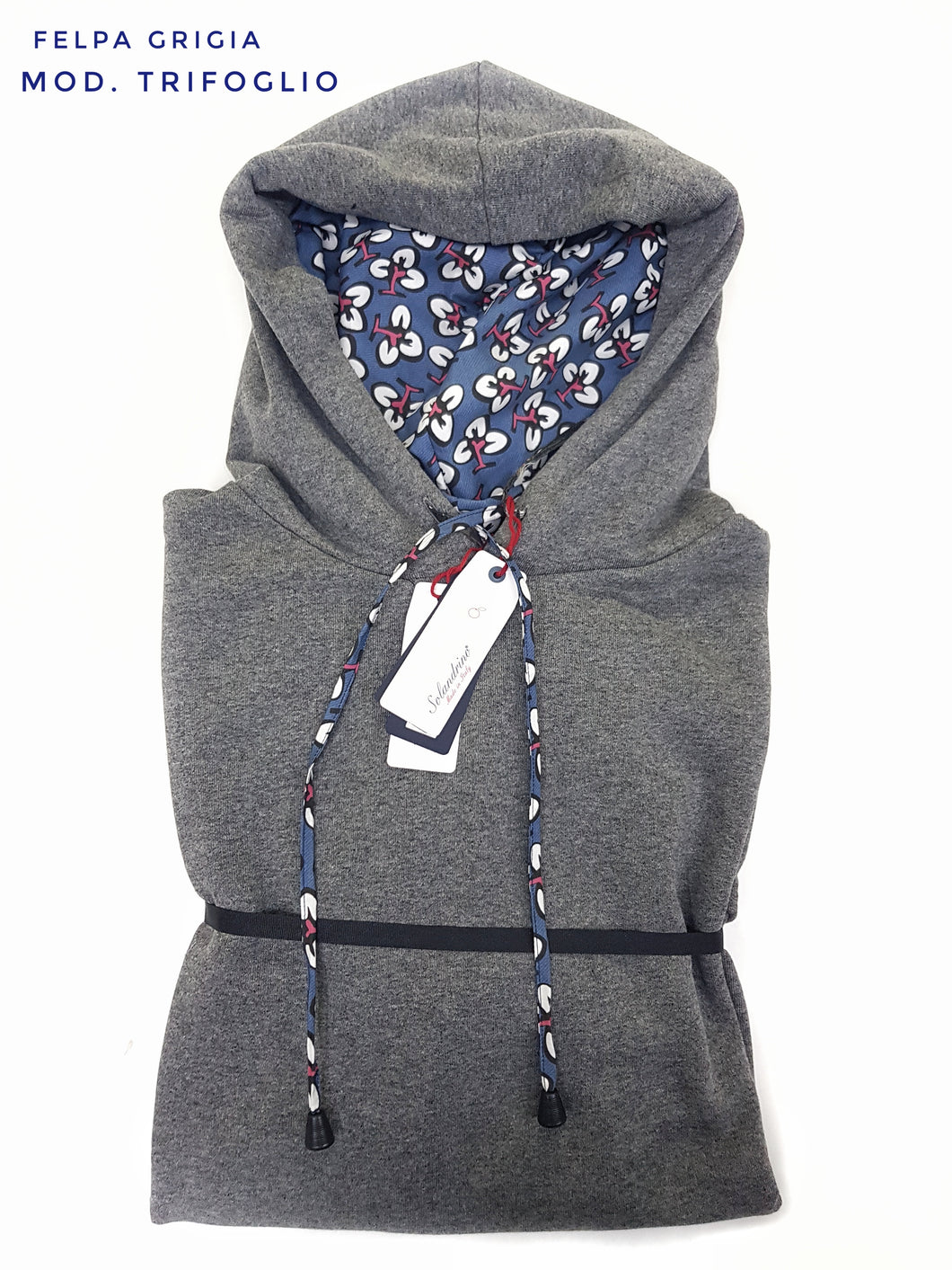 Felpa Grigia con Cappuccio Design trifoglio  made in Italy Fantasia  100% cotone -UNISEX Sweatshirt grey hoodie