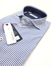 Carica l'immagine nel visualizzatore di Gallery, Camicia rigata puro cotone bianco blu con inserti in denim blu