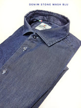 Load image into Gallery viewer, Camicia LAVATA blu jeans denim stone wash puro cotone made in italy