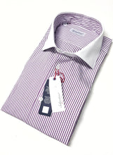 Carica l'immagine nel visualizzatore di Gallery, Camicia Club Man collo e polso bianco su rigato viola bianco made in Italy stripe shirt purple