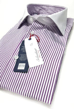 Carica l&#39;immagine nel visualizzatore di Gallery, Camicia Club Man collo e polso bianco su rigato viola  bianco  made in Italy stripe shirt purple
