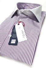 Carica l'immagine nel visualizzatore di Gallery, Camicia Club Man collo e polso bianco su rigato viola bianco made in Italy stripe shirt purple