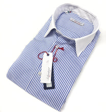 Load image into Gallery viewer, Camicia Club Man collo e polso bianco su rigato bianco azzurro made in Italy stripe shirt