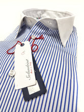 Load image into Gallery viewer, Camicia Club Man collo e polso bianco su rigato bianco azzurro made in Italy stripe shirt