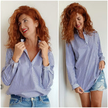Load image into Gallery viewer, Camicia Donna chiusa a polo rigata blu puro cotone made in italy woman stripe shirt