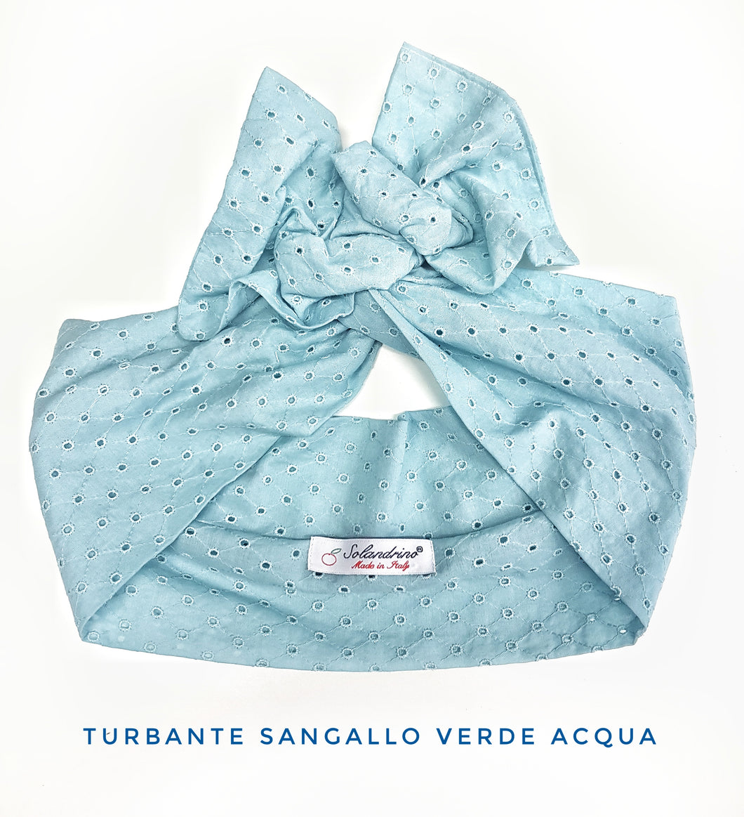 Turbante in Sangallo verde acqua Fashion traforato fascia capelli in cotone design made in Italy striped