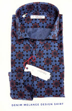 Carica l'immagine nel visualizzatore di Gallery, Camicia uomo DENIM blu FANTASIA FASHION BORDEAX puro cotone made in Italy Blue Navy shirt