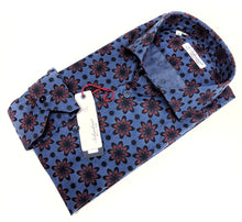 Carica l'immagine nel visualizzatore di Gallery, Camicia uomo DENIM blu FANTASIA FASHION BORDEAX puro cotone made in Italy Blue Navy shirt