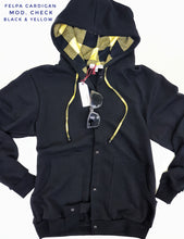 Carica l'immagine nel visualizzatore di Gallery, Felpa cardigan nera con Cappuccio check a quadri giallo nero puro cotone made in Italy Fantasia 100% cotone Unisex Sweatshirt blue Hoodie