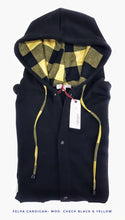 Carica l'immagine nel visualizzatore di Gallery, Felpa cardigan nera con Cappuccio check a quadri giallo nero puro cotone made in Italy Fantasia 100% cotone Unisex Sweatshirt blue Hoodie