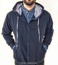 Carica l'immagine nel visualizzatore di Gallery, Felpa cardigan BLU con Cappuccio tessuto rigato bianco blu made in Italy Fantasia 100% cotone Unisex Sweatshirt blue Hoodie