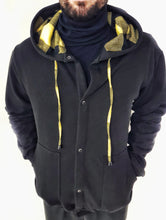Carica l'immagine nel visualizzatore di Gallery, Felpa cardigan nera con Cappuccio check a quadri giallo nero puro cotone made in Italy Fantasia 100% cotone Unisex Sweatshirt blue Hoodie