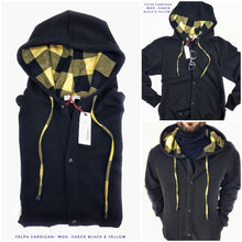 Carica l'immagine nel visualizzatore di Gallery, Felpa cardigan nera con Cappuccio check a quadri giallo nero puro cotone made in Italy Fantasia 100% cotone Unisex Sweatshirt blue Hoodie