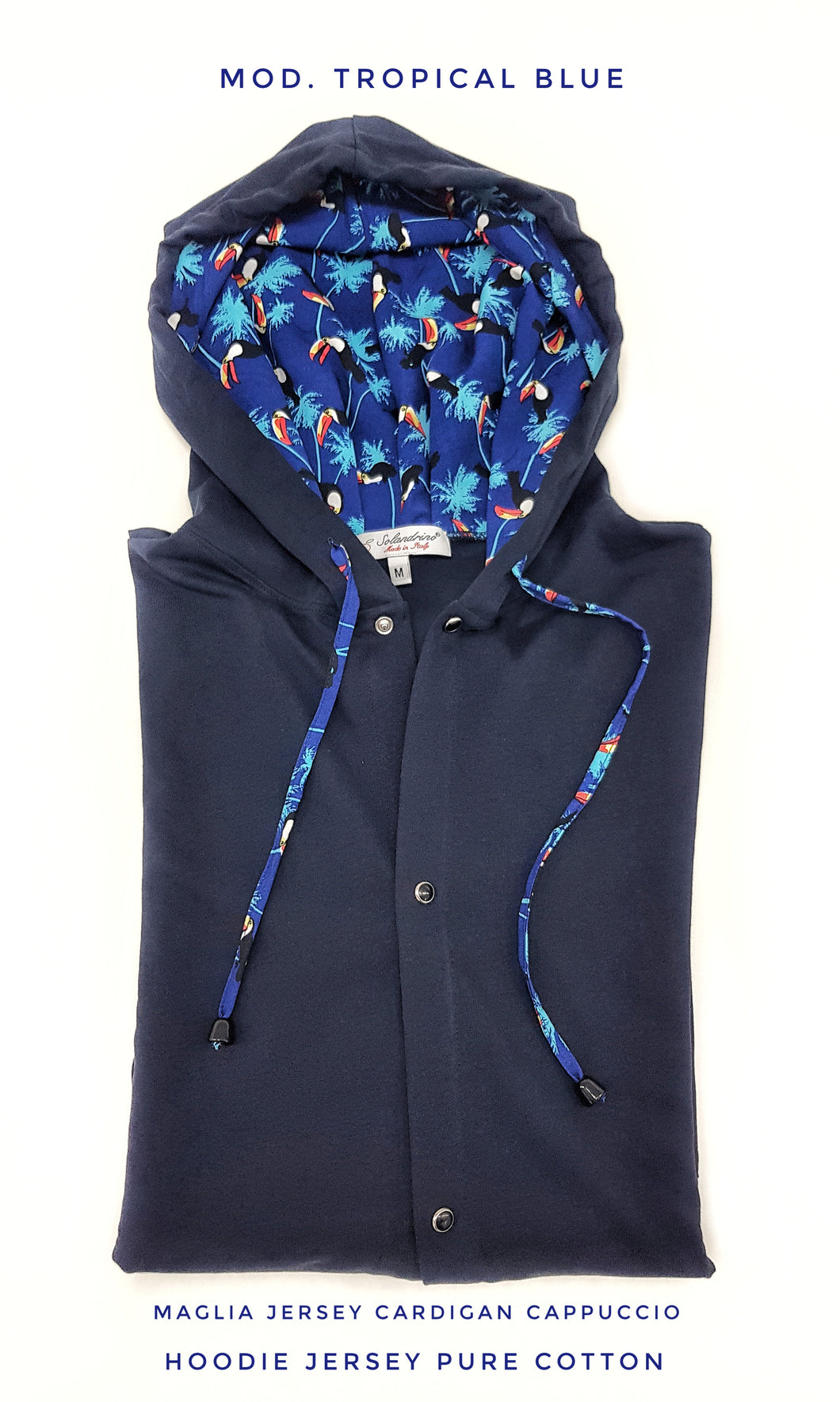 Maglia cardigan jersey blu con Cappuccio Design tucano made in Italy Fantasia  100% cotone - Sweatshirt hoodie