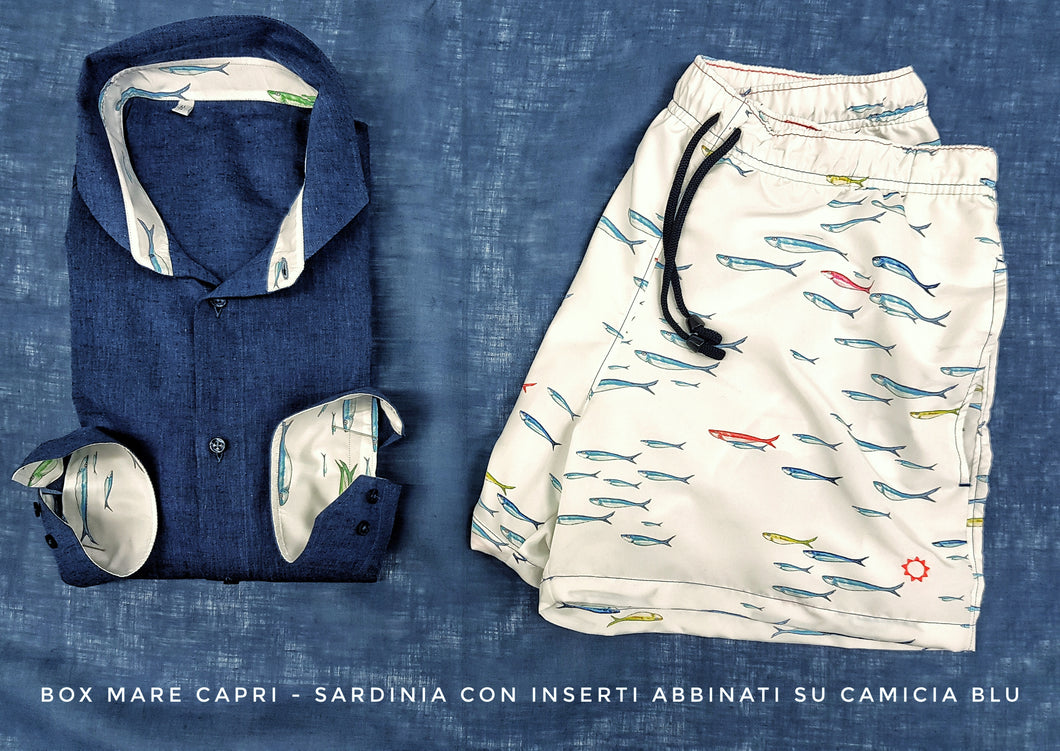 Costume da Bagno abbinato a Camicia Lino Blu con inserti BOX slip interno Made in Italy