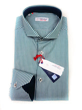 Load image into Gallery viewer, Camicia Uomo puro cotone a righe verdone verde inglese alta qualità bacchettino rigato titolo 120 made in italy